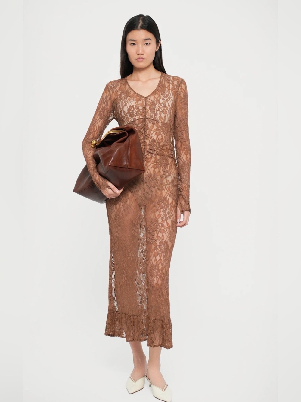 Baum und pferdgarten Sheer Brown floral Lace Long Sleeve Midi Dress size US 14